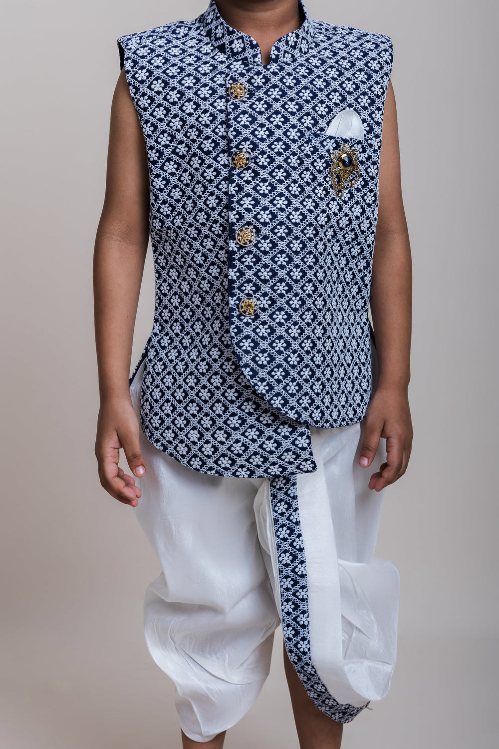 The Nesavu Boys Dothi Set Embroidered Navy Blue Sleeveless Kurta And Striped White Dhoti For Boys Nesavu Latest Kurta And Dhoti Collection 2023| Sankranti Special| The Nesavu