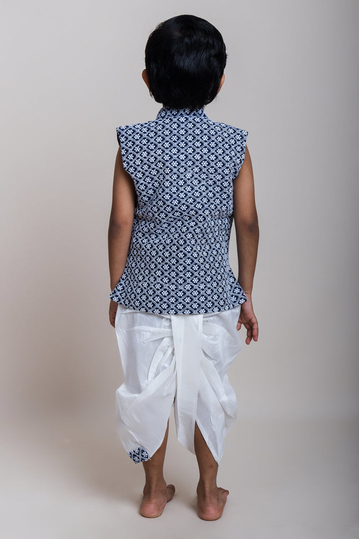 The Nesavu Boys Dothi Set Embroidered Navy Blue Sleeveless Kurta And Striped White Dhoti For Boys Nesavu Latest Kurta And Dhoti Collection 2023| Sankranti Special| The Nesavu