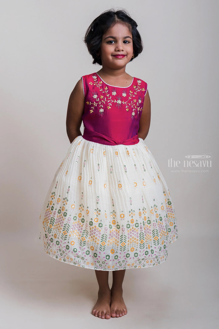 The Nesavu Girls Fancy Party Frock Embroidered Pink Yoke And White Flare Chiffon Frocks For Little Girls Nesavu 16 (1Y) / White SF486A-16 Festive Wear Designer Chiffon Frocks| Modern Frocks Collection 2023| The Nesavu