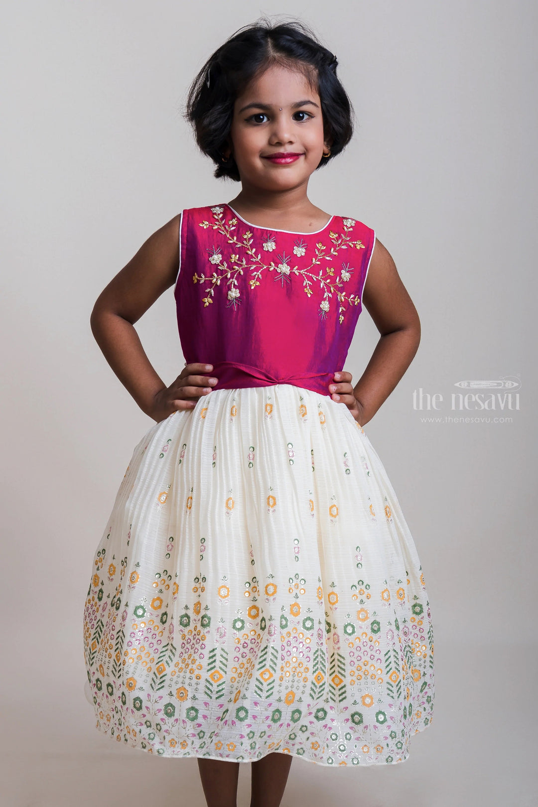 The Nesavu Girls Fancy Party Frock Embroidered Pink Yoke And White Flare Chiffon Frocks For Little Girls Nesavu Festive Wear Designer Chiffon Frocks| Modern Frocks Collection 2023| The Nesavu
