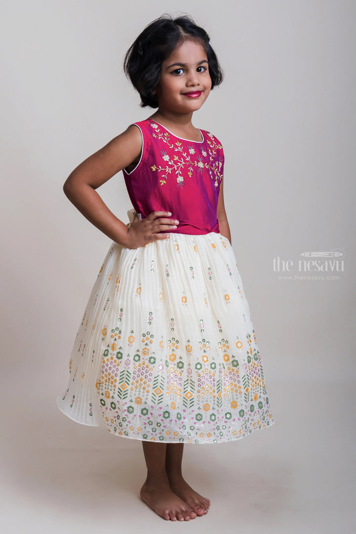 The Nesavu Girls Fancy Party Frock Embroidered Pink Yoke And White Flare Chiffon Frocks For Little Girls Nesavu Festive Wear Designer Chiffon Frocks| Modern Frocks Collection 2023| The Nesavu