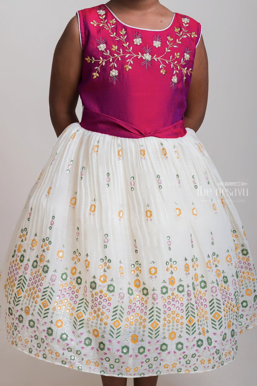The Nesavu Girls Fancy Party Frock Embroidered Pink Yoke And White Flare Chiffon Frocks For Little Girls Nesavu Festive Wear Designer Chiffon Frocks| Modern Frocks Collection 2023| The Nesavu