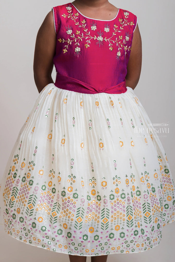 The Nesavu Girls Fancy Party Frock Embroidered Pink Yoke And White Flare Chiffon Frocks For Little Girls Nesavu Festive Wear Designer Chiffon Frocks| Modern Frocks Collection 2023| The Nesavu