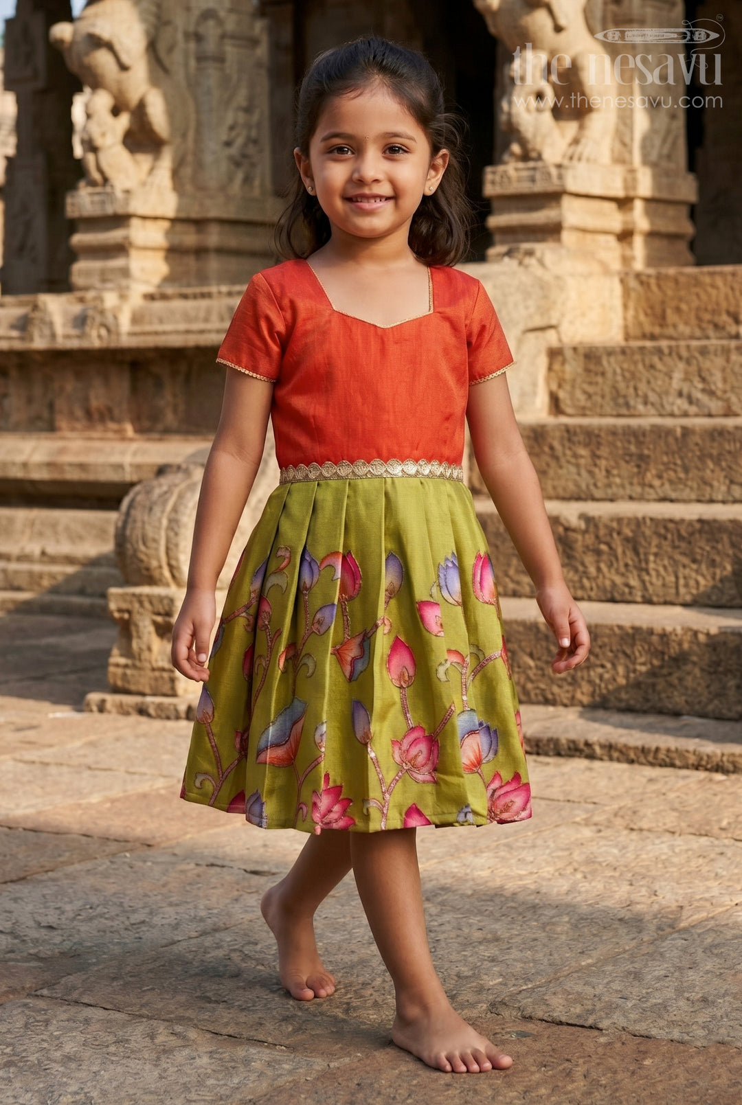 The Nesavu Silk Embroidered Frock Embroidered Silk Frock for Baby Girls for Birthday and School Celebrations Nesavu 16 (1Y) / Orange / Silk Blend SF1114A-16 Nesavu embroidered silk frock for baby girls with floral art skirt – perfect for birthdays and ethnic day events