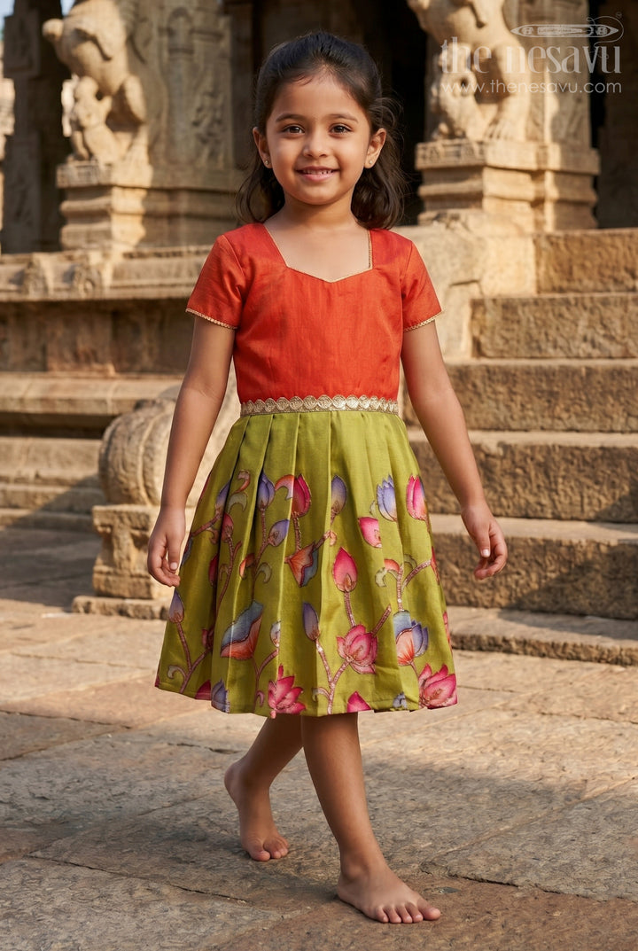 The Nesavu Silk Embroidered Frock Embroidered Silk Frock for Baby Girls for Birthday and School Celebrations Nesavu 16 (1Y) / Orange / Silk Blend SF1114A-16 Nesavu embroidered silk frock for baby girls with floral art skirt – perfect for birthdays and ethnic day events