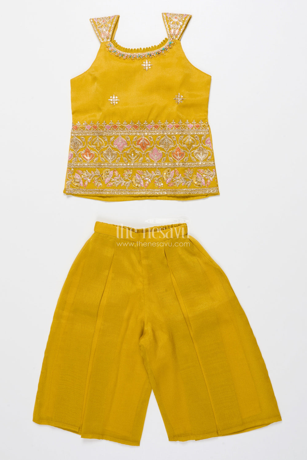 The Nesavu Girls Sharara / Plazo Set Embroidered Sleeveless Sharara Set for Girls Festive Ethnic Outfit In Tissue Silk Nesavu 16 (1Y) / Yellow GPS893A-16 Nesavu sleeveless sharara set girls embroidered yoke festive outfit tissue silk