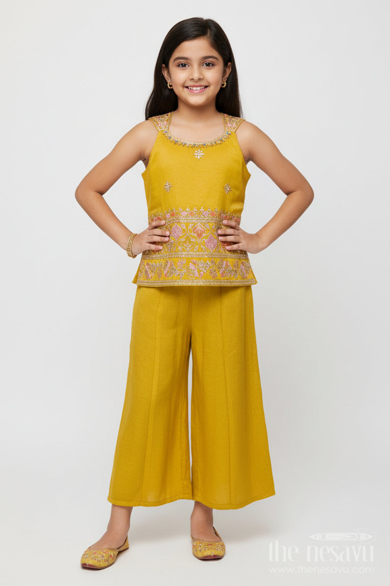 The Nesavu Girls Sharara / Plazo Set Embroidered Sleeveless Sharara Set for Girls Festive Ethnic Outfit In Tissue Silk Nesavu 16 (1Y) / Yellow GPS893A-16 Nesavu sleeveless sharara set girls embroidered yoke festive outfit tissue silk