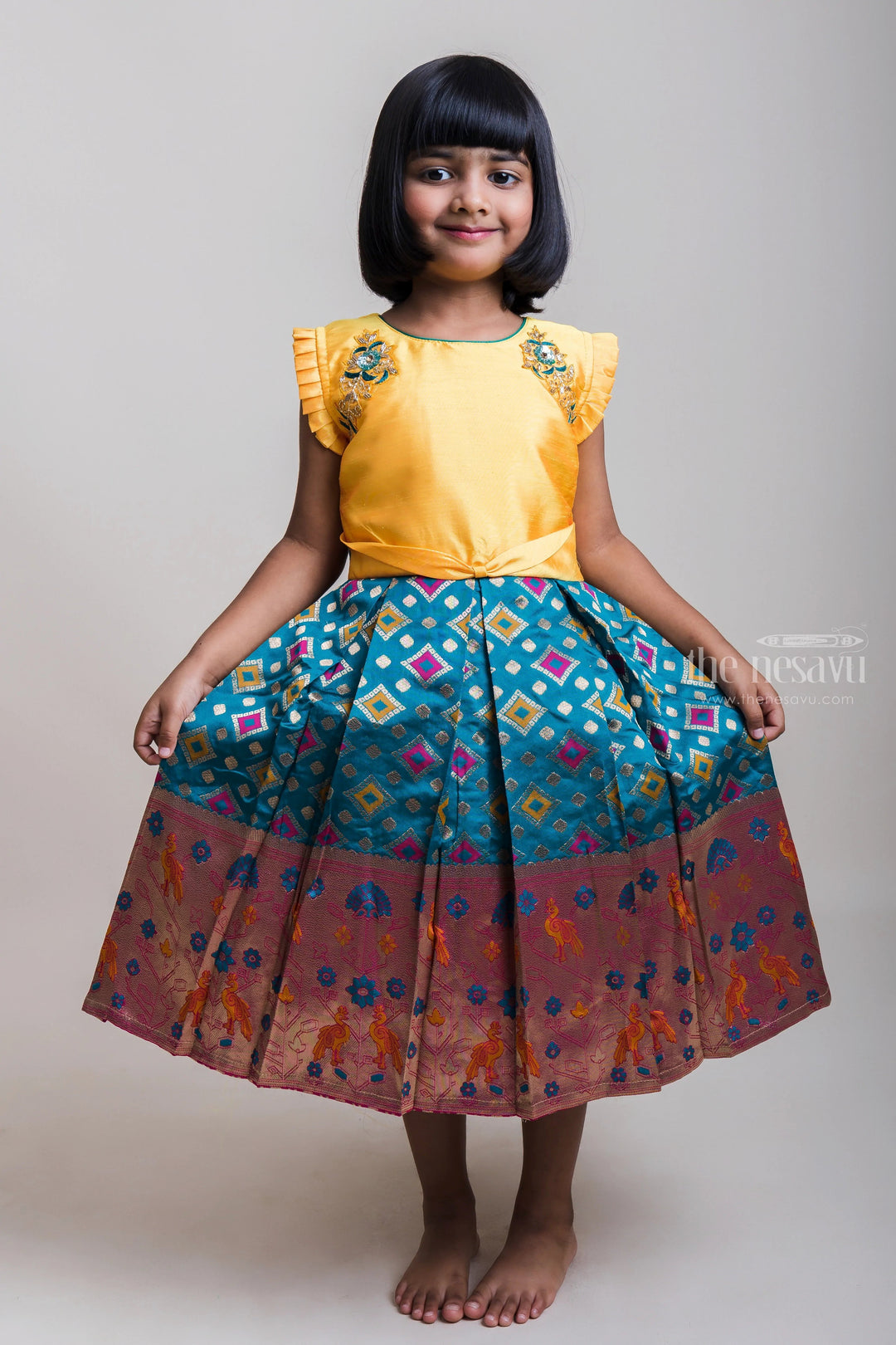 The Nesavu Silk Party Frock Embroidered Yellow Yoke And Copper-Toned Zari Border Silk Frocks For Girls Nesavu 16 (1Y) / Blue SF485A-16 Ruffled Sleeves Silk Frock Collection| Pongal Special Arrival| The Nesavu