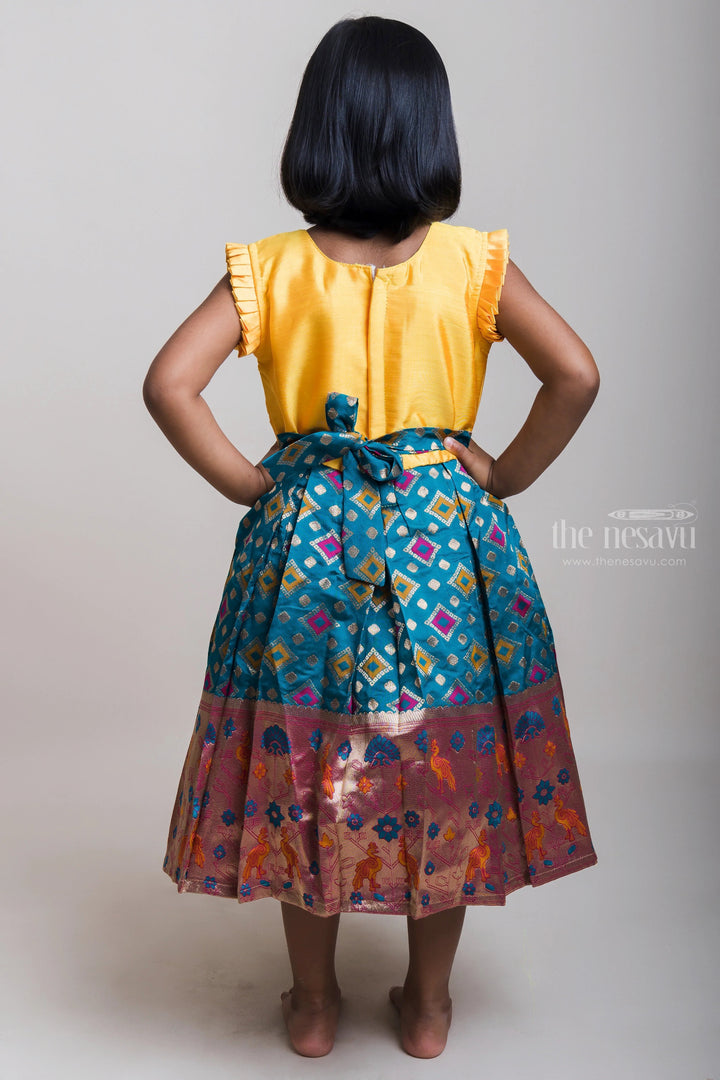 The Nesavu Silk Party Frock Embroidered Yellow Yoke And Copper-Toned Zari Border Silk Frocks For Girls Nesavu Ruffled Sleeves Silk Frock Collection| Pongal Special Arrival| The Nesavu