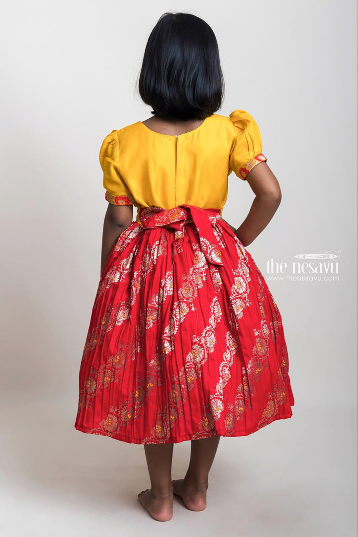 The Nesavu Silk Party Frock Embroidered Yellow Yoke And Red Brocade Printed Semi-Silk Frocks For Girls Nesavu Banarasi Silk Frocks For Girls 2023| Pongal And Sankranti Collection| The Nesavu