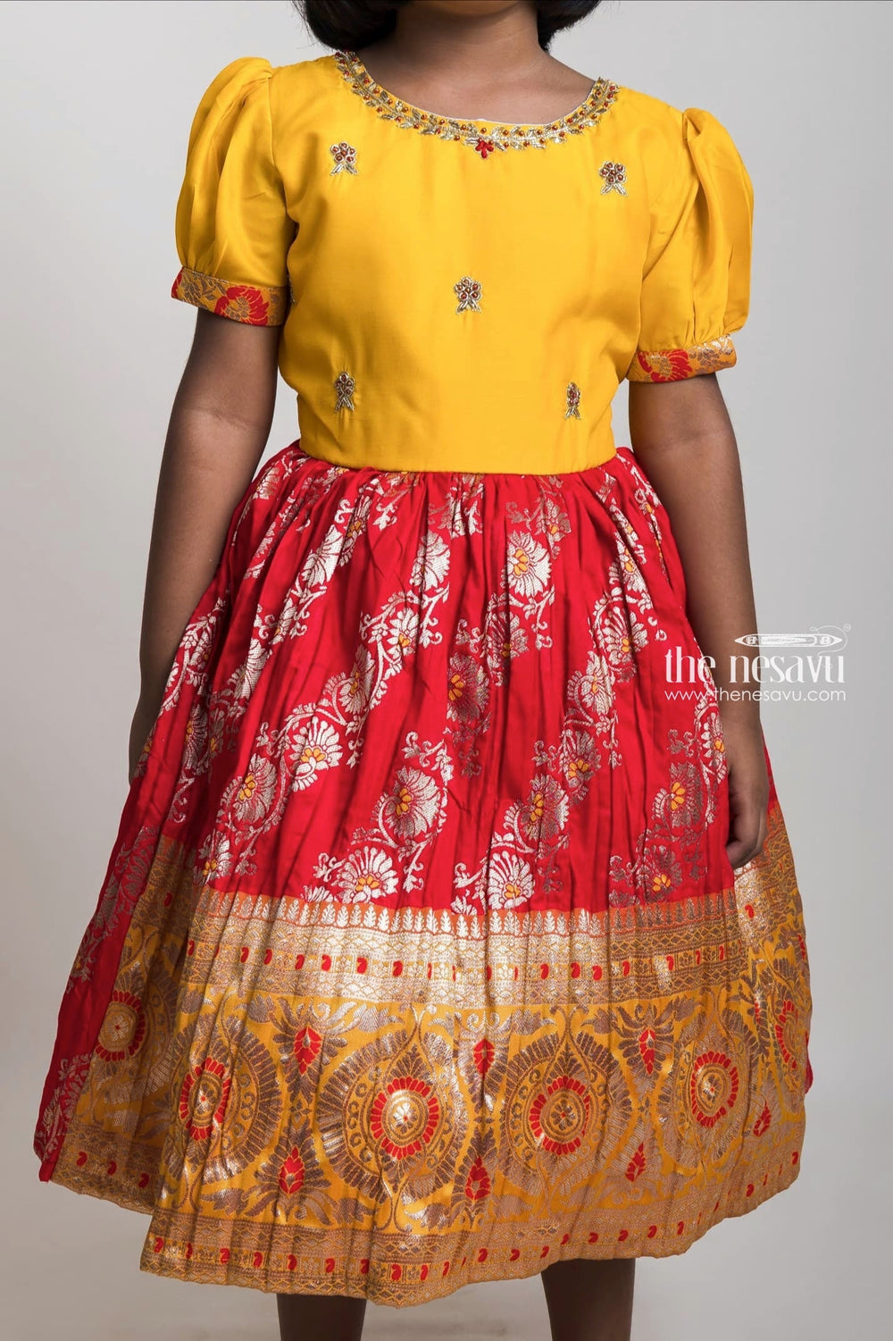 The Nesavu Silk Party Frock Embroidered Yellow Yoke And Red Brocade Printed Semi-Silk Frocks For Girls Nesavu Banarasi Silk Frocks For Girls 2023| Pongal And Sankranti Collection| The Nesavu