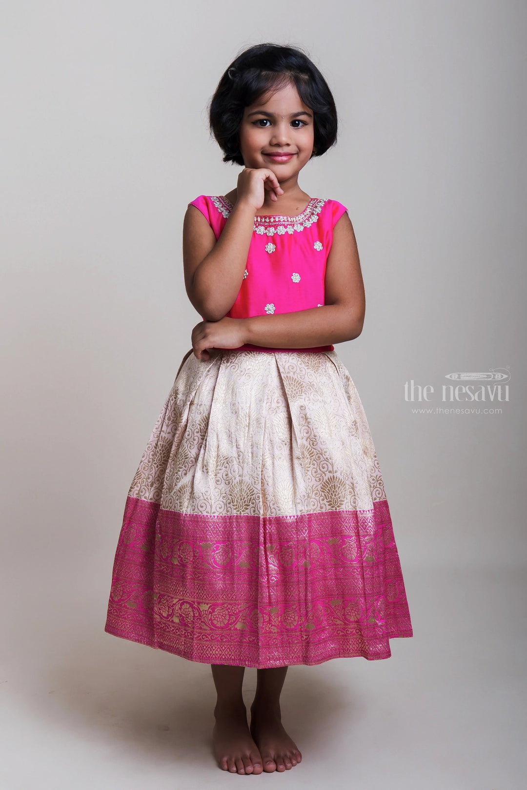 The Nesavu Silk Party Frock Embroidery Embellished Pink Yoke And Printed White Flare Silk Frocks For Girls Nesavu 16 (1Y) / Half White SF484A-16 Fancy Silk Frocks For Girls 2023| Silk Frocks Collection| The Nesavu