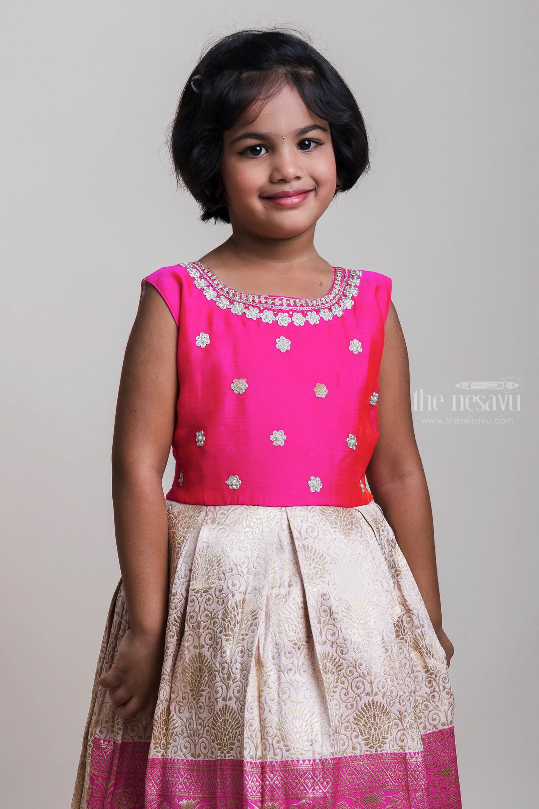 The Nesavu Silk Party Frock Embroidery Embellished Pink Yoke And Printed White Flare Silk Frocks For Girls Nesavu Fancy Silk Frocks For Girls 2023| Silk Frocks Collection| The Nesavu