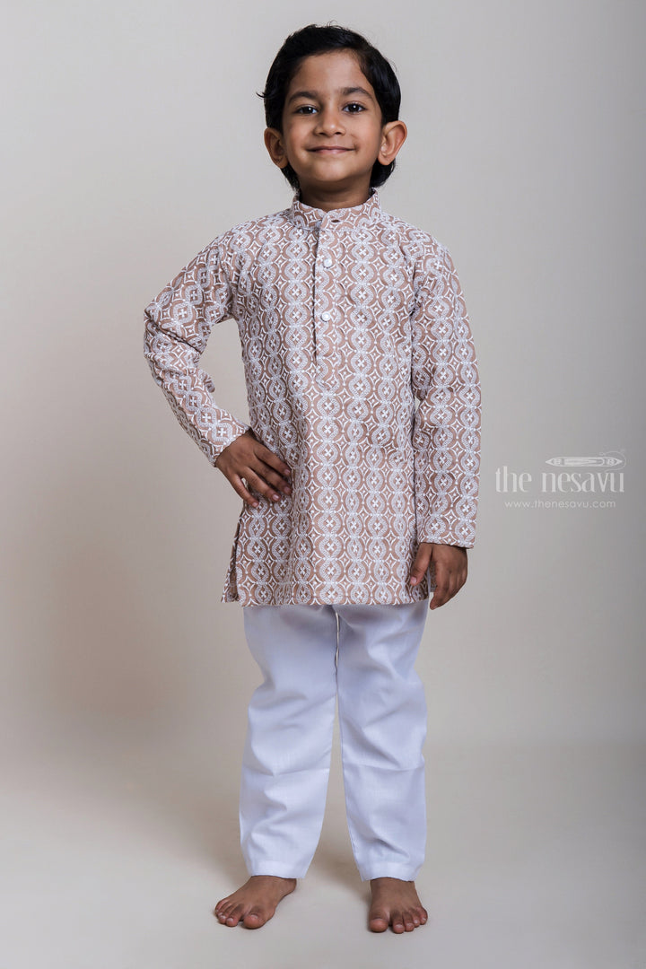 The Nesavu Boys Kurtha Set Embroidery Heavy Full Hand Grey Kurta With Adjustable White Pants For Boys Nesavu 16 (1Y) / Gray / Silk Blend BES265A-16 Daily Wear Kurta And Pant 2023| New Collection| The Nesavu