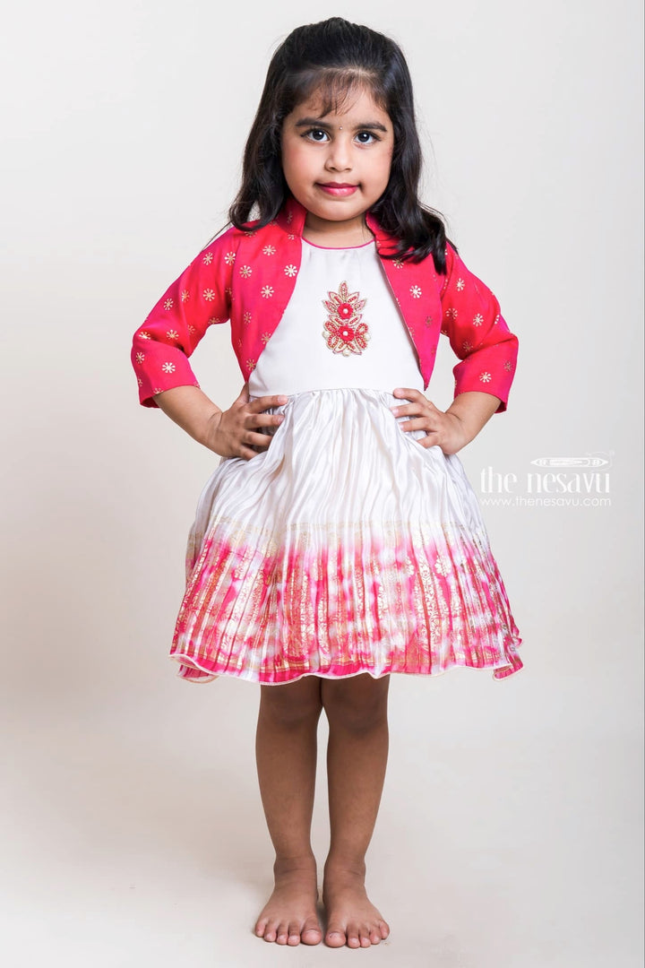 The Nesavu Silk Party Frock Embroidery Motif Yoke And Pleated Flare Pink Silk Frocks With Overcoat For Girls Nesavu 16 (1Y) / Pink SF447-16 Sakranti Silk Frocks For Girls| Festive Wear Collection| The Nesavu