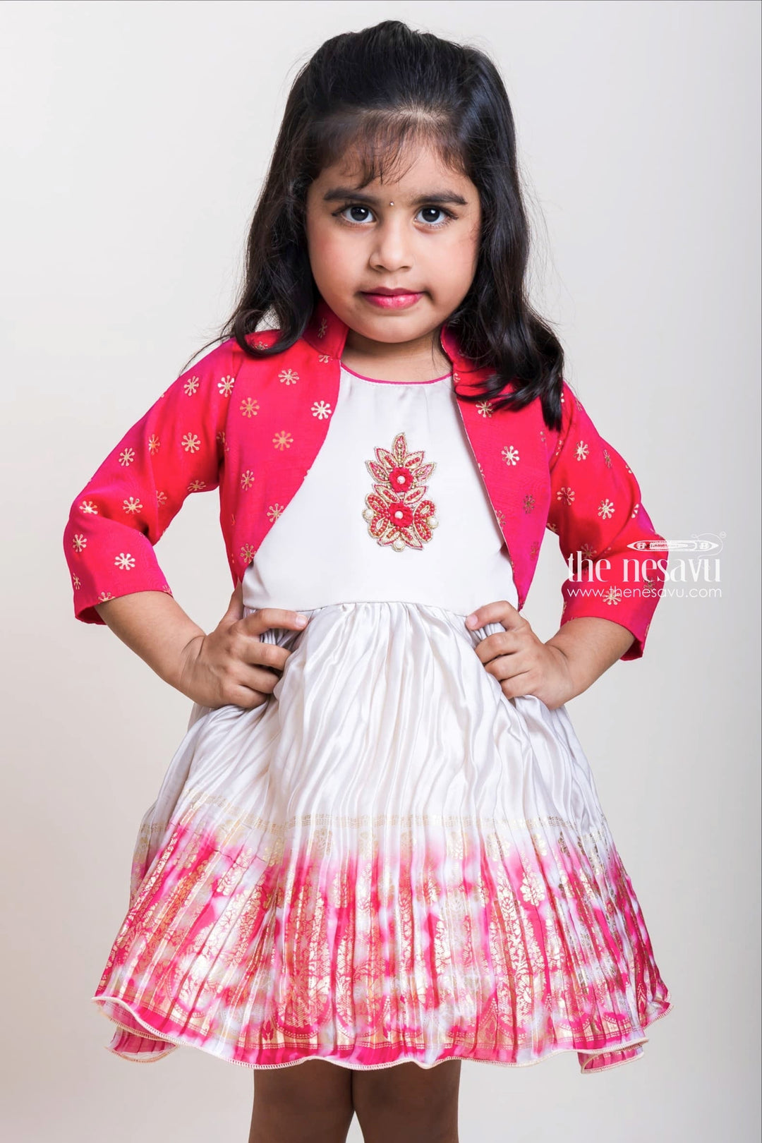 The Nesavu Silk Party Frock Embroidery Motif Yoke And Pleated Flare Pink Silk Frocks With Overcoat For Girls Nesavu Sakranti Silk Frocks For Girls| Festive Wear Collection| The Nesavu