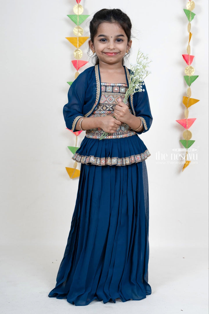 The Nesavu Girls Sharara / Plazo Set Embroidery Navy Blue Georgette Party Wear With Pleated Palazzo Nesavu 18 (2Y) / Blue GPS099A-18 Buy Pleated Palazzo Suit For Girls | Stylish Party Wear 2022 | The Nesavu