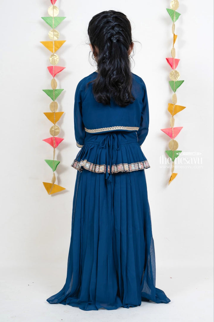 The Nesavu Girls Sharara / Plazo Set Embroidery Navy Blue Georgette Party Wear With Pleated Palazzo Nesavu Buy Pleated Palazzo Suit For Girls | Stylish Party Wear 2022 | The Nesavu