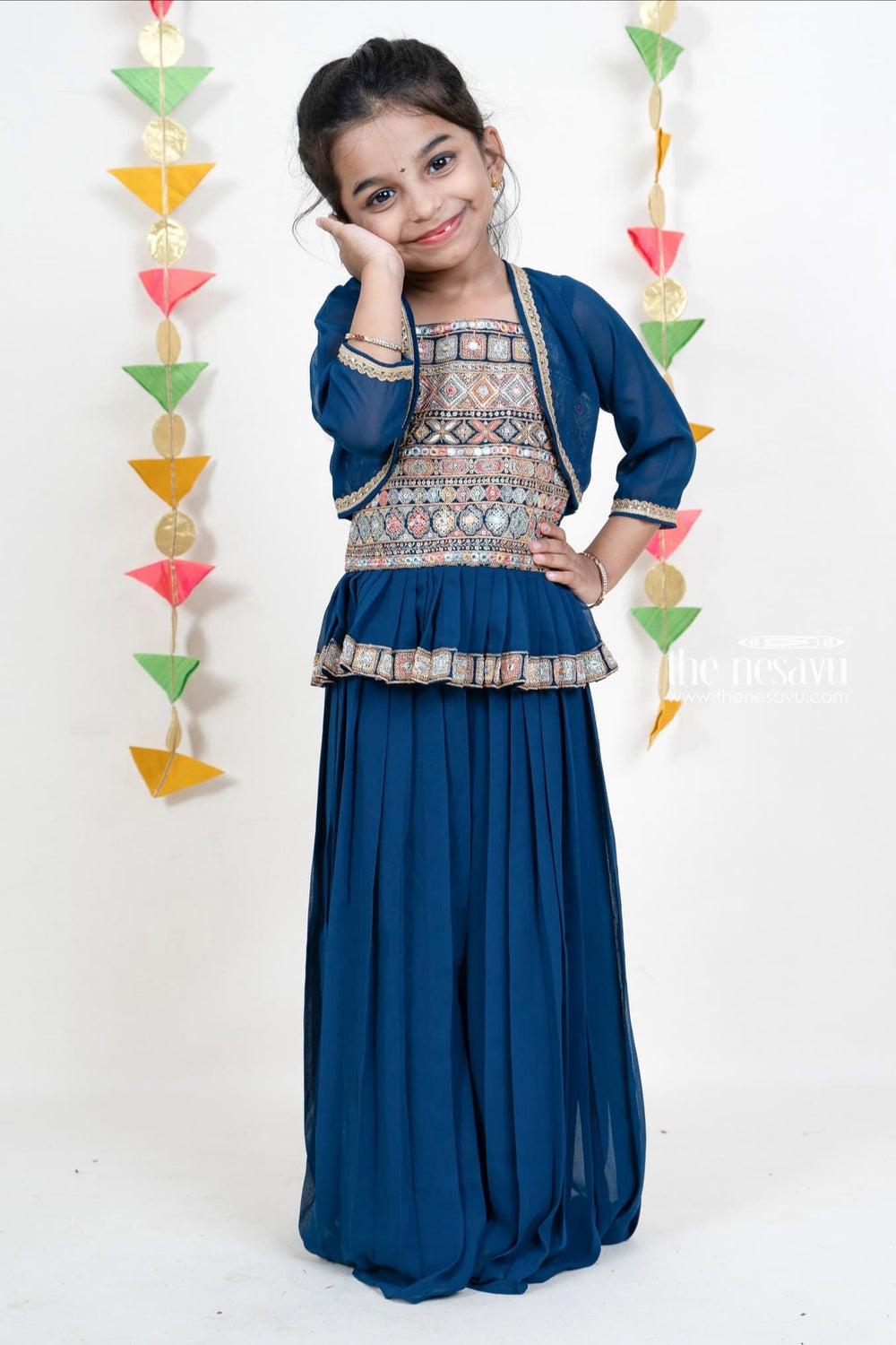 The Nesavu Girls Sharara / Plazo Set Embroidery Navy Blue Georgette Party Wear With Pleated Palazzo Nesavu Buy Pleated Palazzo Suit For Girls | Stylish Party Wear 2022 | The Nesavu