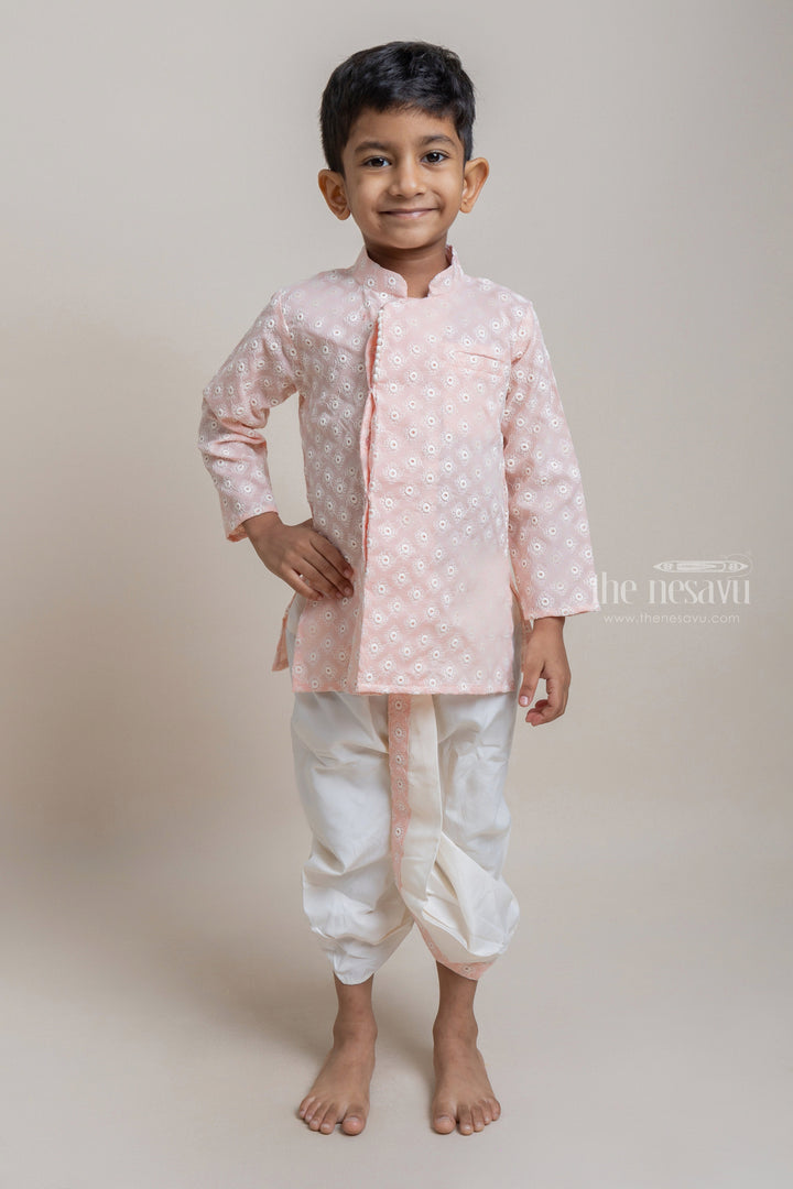 The Nesavu Boys Dothi Set Embroidery Salmon Pink Ethnic Kurta With White Dhoti For Boys Nesavu 10 (NB) / Pink / Cotton BES288C-10 Ethnic Wear For Boys | Traditional Wear Collection | The Nesavu