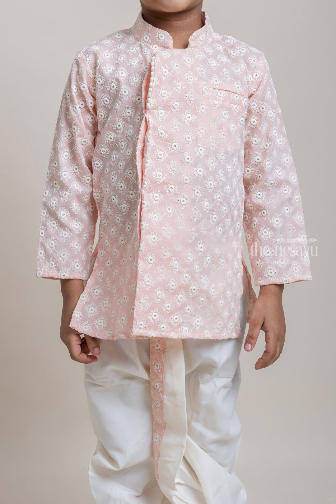 The Nesavu Boys Dothi Set Embroidery Salmon Pink Ethnic Kurta With White Dhoti For Boys Nesavu Ethnic Wear For Boys | Traditional Wear Collection | The Nesavu