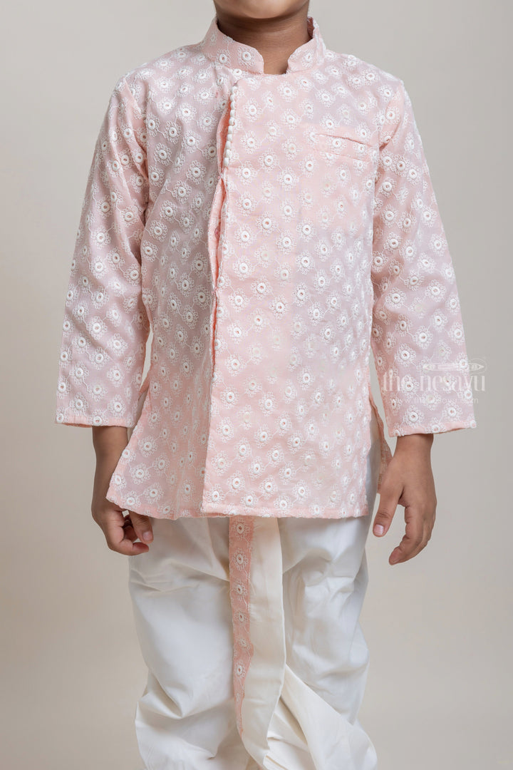 The Nesavu Boys Dothi Set Embroidery Salmon Pink Ethnic Kurta With White Dhoti For Boys Nesavu Ethnic Wear For Boys | Traditional Wear Collection | The Nesavu