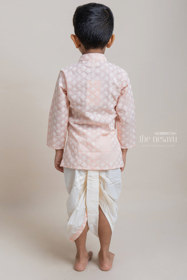 The Nesavu Boys Dothi Set Embroidery Salmon Pink Ethnic Kurta With White Dhoti For Boys Nesavu Ethnic Wear For Boys | Traditional Wear Collection | The Nesavu
