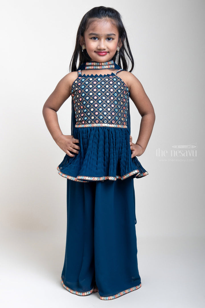 The Nesavu Girls Sharara / Plazo Set Embroidery Sequenced Navy Blue Tunic Tops And Palazzo For Girls psr silks Nesavu 16 (1Y) / Blue GPS115B