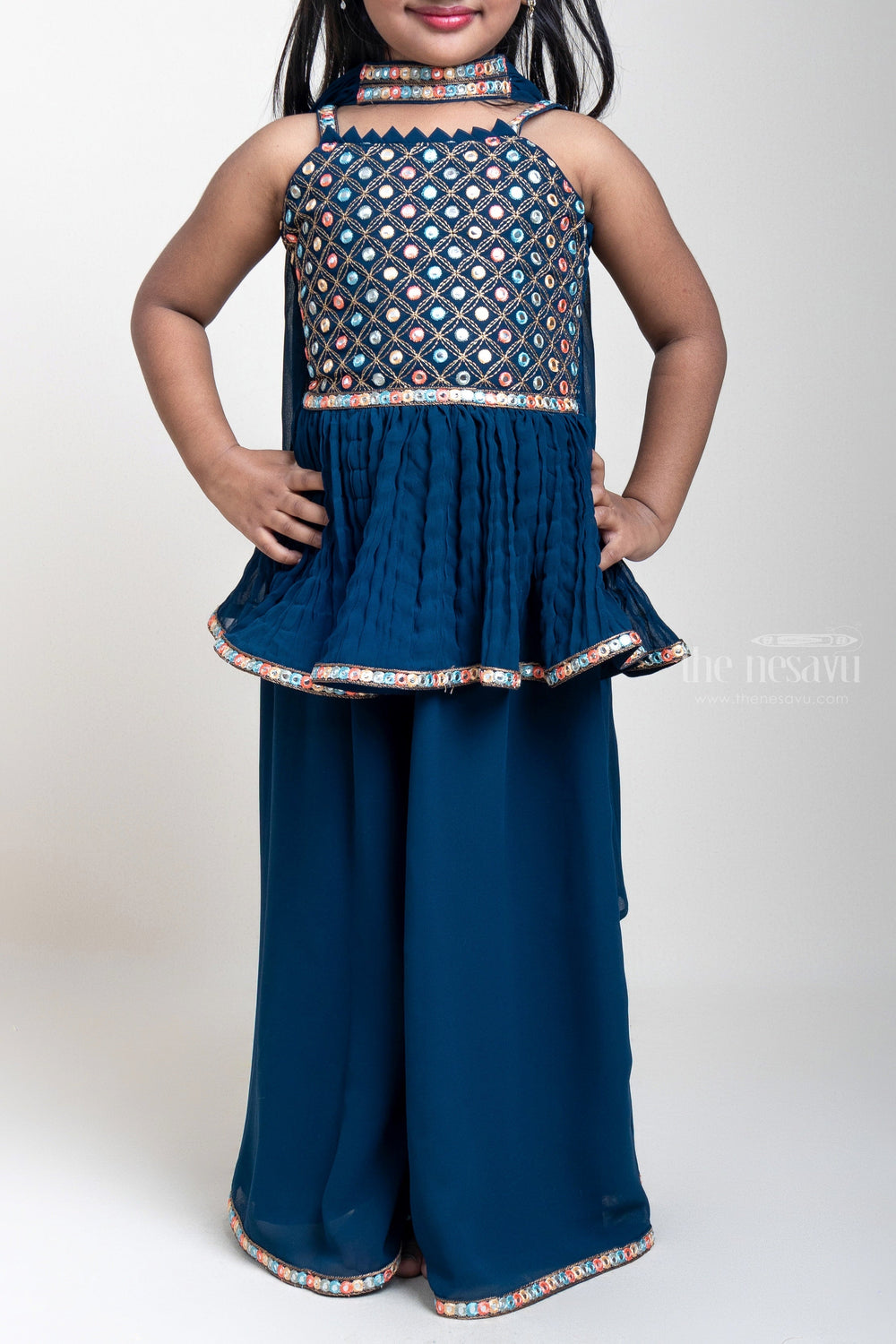 The Nesavu Girls Sharara / Plazo Set Embroidery Sequenced Navy Blue Tunic Tops And Palazzo For Girls psr silks Nesavu