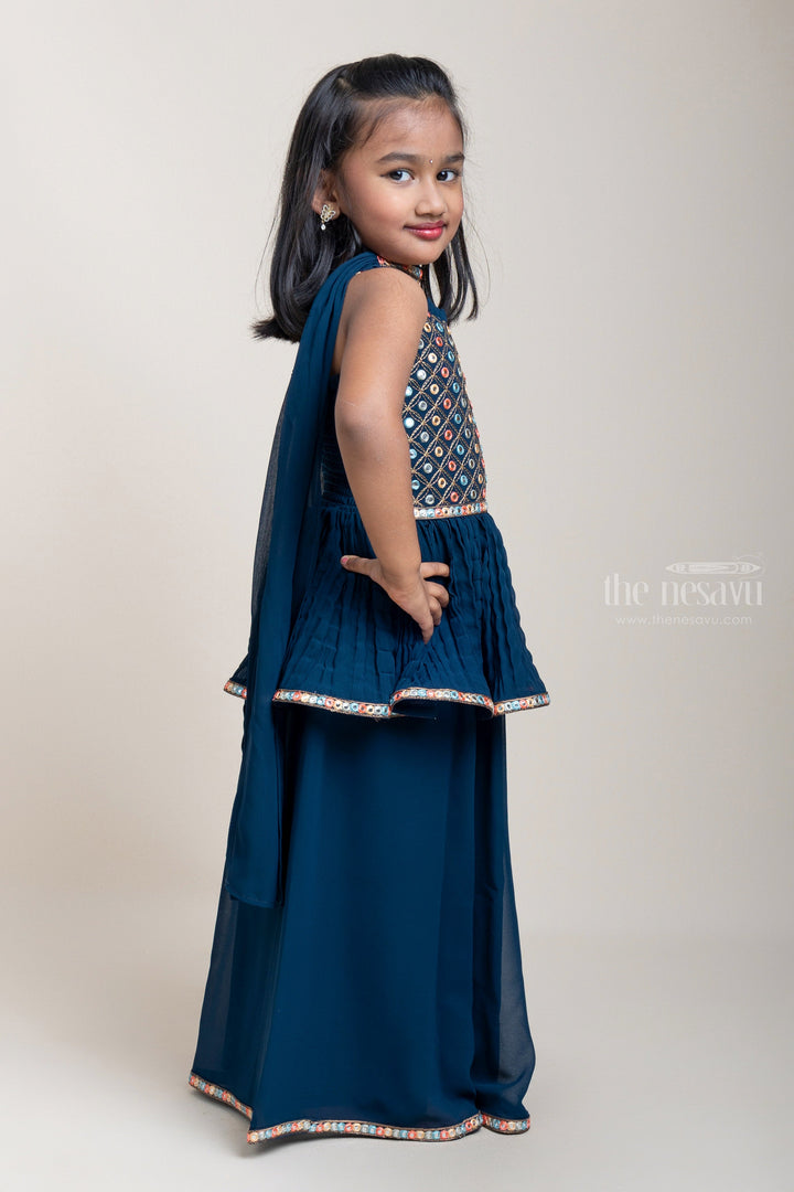The Nesavu Girls Sharara / Plazo Set Embroidery Sequenced Navy Blue Tunic Tops And Palazzo For Girls psr silks Nesavu