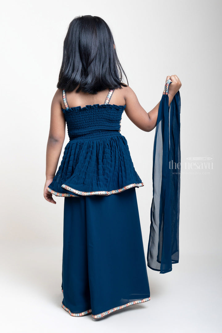 The Nesavu Girls Sharara / Plazo Set Embroidery Sequenced Navy Blue Tunic Tops And Palazzo For Girls psr silks Nesavu