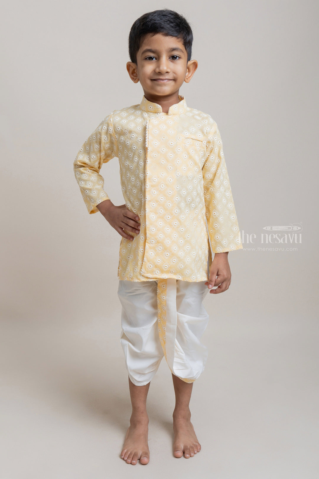 The Nesavu Boys Dothi Set Embroidery Yellow Ethnic Kurta With White Dhoti For Boys Nesavu 10 (NB) / Yellow / Cotton BES288B-10 Premium Yellow Kurta For Boys | Ethnic Wear Collection | The Nesavu