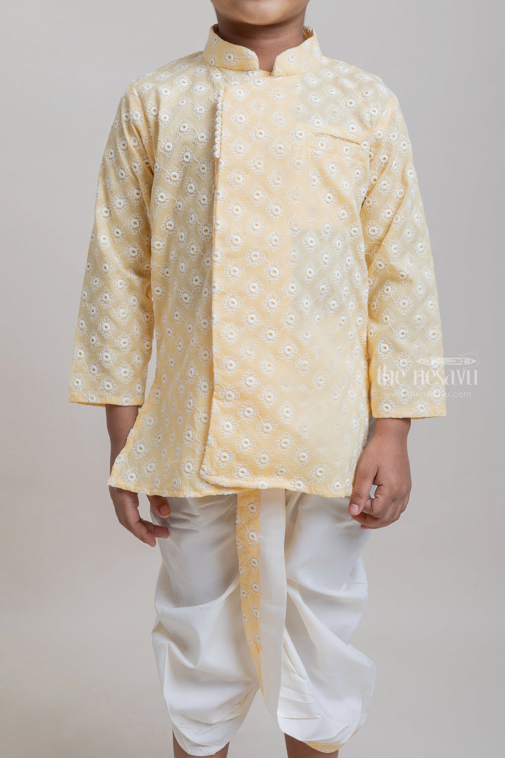 The Nesavu Boys Dothi Set Embroidery Yellow Ethnic Kurta With White Dhoti For Boys Nesavu Premium Yellow Kurta For Boys | Ethnic Wear Collection | The Nesavu