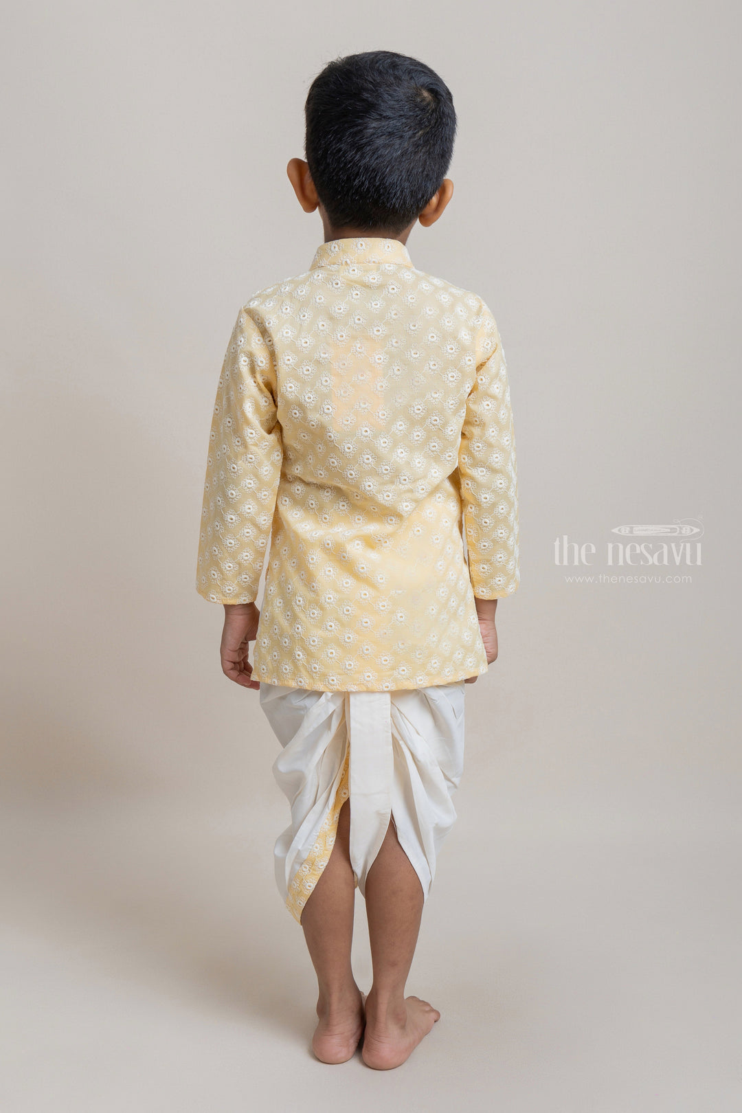 The Nesavu Boys Dothi Set Embroidery Yellow Ethnic Kurta With White Dhoti For Boys Nesavu Premium Yellow Kurta For Boys | Ethnic Wear Collection | The Nesavu