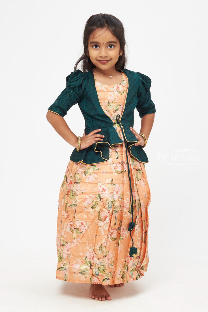 The Nesavu Girls Silk Gown Emerald Elegance: Children's Forest Green Peplum Jacket & Peach Floral Anarkali Dress Nesavu 16 (1Y) / Orange / Silk Blend GA180D-16 Grace in Every Layer | Anarkali Paired with Elegant Overcoats | The Nesavu