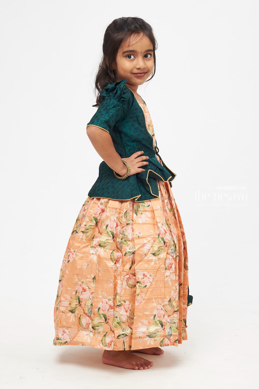 The Nesavu Girls Silk Gown Emerald Elegance: Children's Forest Green Peplum Jacket & Peach Floral Anarkali Dress Nesavu Grace in Every Layer | Anarkali Paired with Elegant Overcoats | The Nesavu