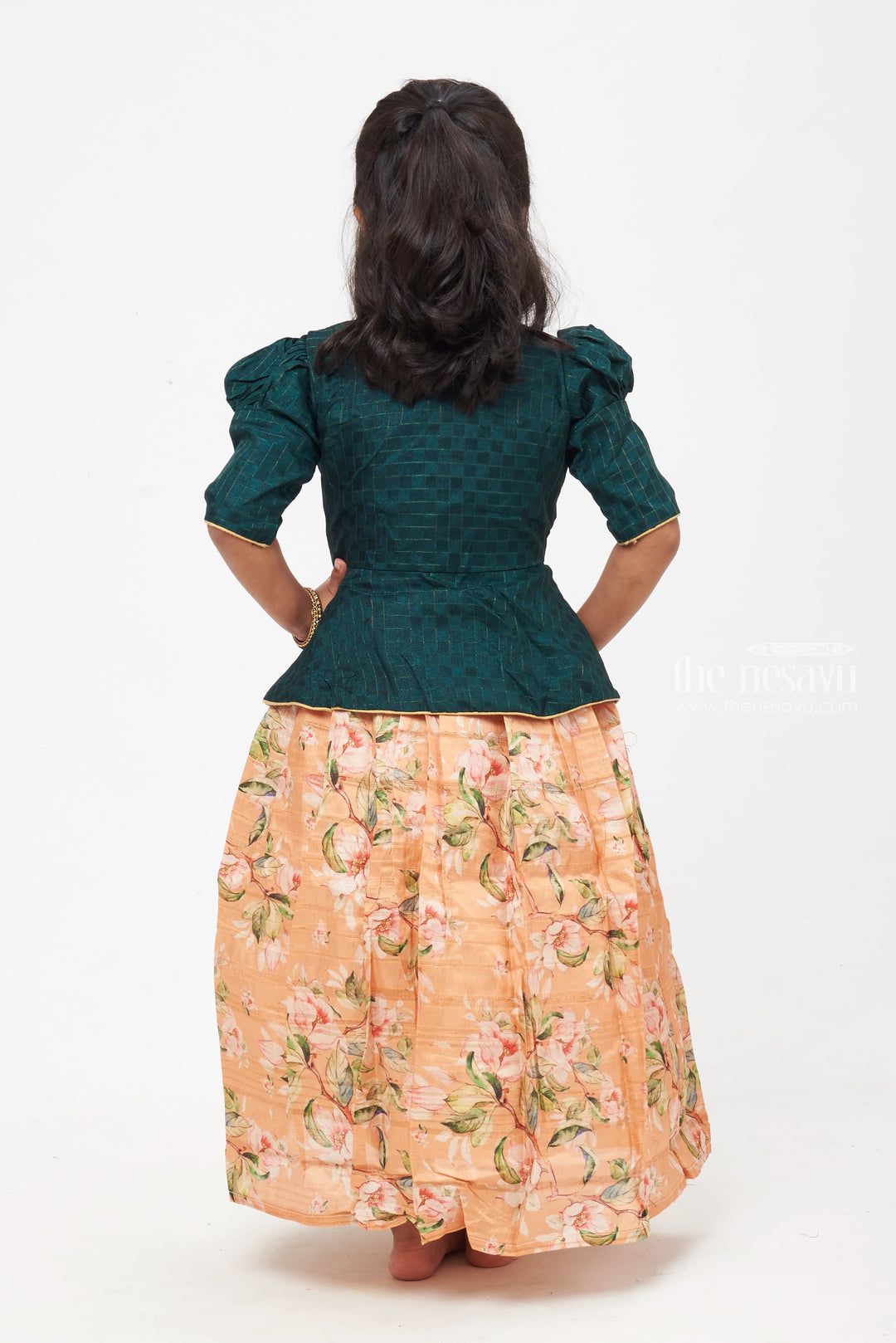 The Nesavu Girls Silk Gown Emerald Elegance: Children's Forest Green Peplum Jacket & Peach Floral Anarkali Dress Nesavu Grace in Every Layer | Anarkali Paired with Elegant Overcoats | The Nesavu