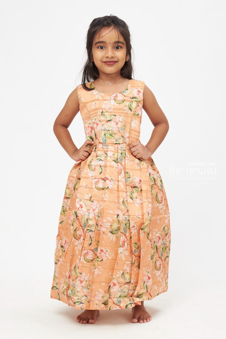 The Nesavu Girls Silk Gown Emerald Elegance: Children's Forest Green Peplum Jacket & Peach Floral Anarkali Dress Nesavu Grace in Every Layer | Anarkali Paired with Elegant Overcoats | The Nesavu