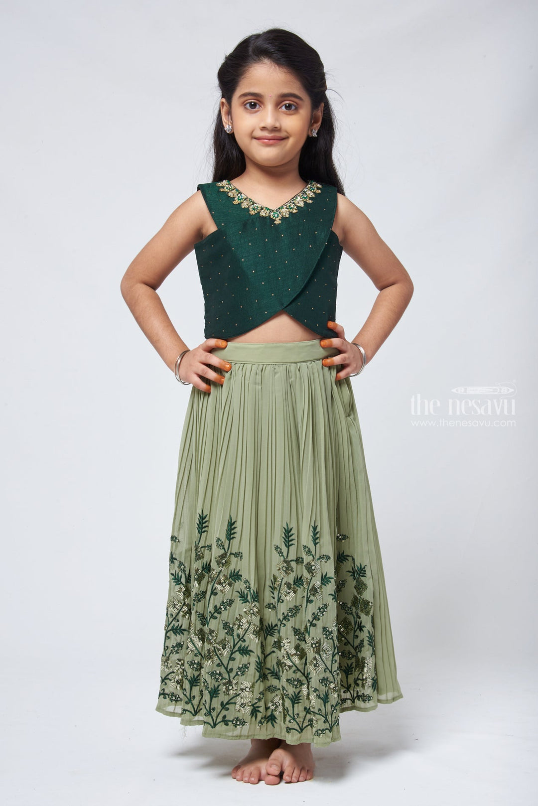 The Nesavu Lehenga & Ghagra Emerald Elegance Floral Embrace in Embroidered Lehenga with Criss Cross Blouse for Girls Nesavu 16 (1Y) / Green / Georgette GL360A-16 Designer Lehenga Choli For Girls | Sharara Choli For Kids | The Nesavu