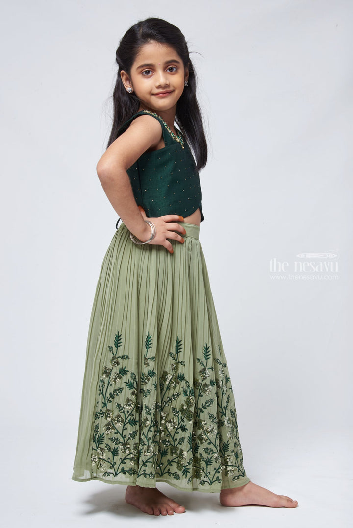The Nesavu Lehenga & Ghagra Emerald Elegance Floral Embrace in Embroidered Lehenga with Criss Cross Blouse for Girls Nesavu Designer Lehenga Choli For Girls | Sharara Choli For Kids | The Nesavu