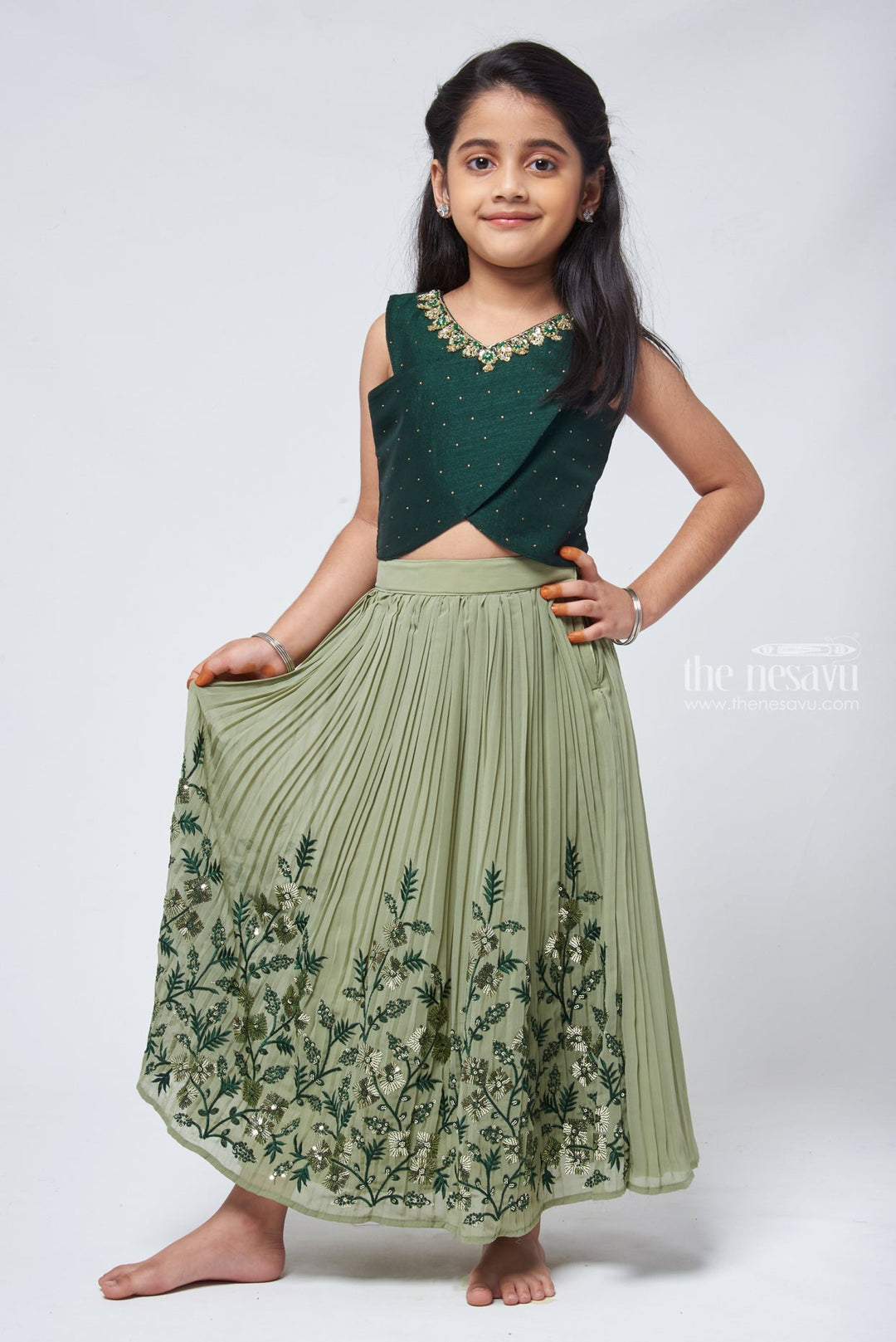 The Nesavu Lehenga & Ghagra Emerald Elegance Floral Embrace in Embroidered Lehenga with Criss Cross Blouse for Girls Nesavu Designer Lehenga Choli For Girls | Sharara Choli For Kids | The Nesavu