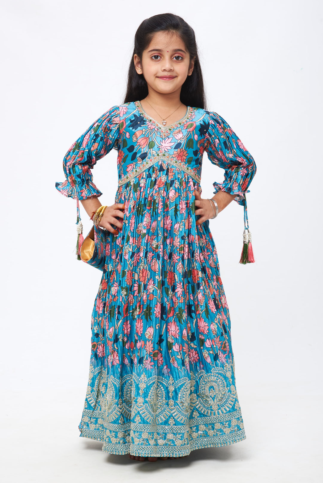 The Nesavu Girls Party Gown Emerald Elegance: Flowing Floral Printed Ethnic Alia cut Anarkali Gown Nesavu 16 (1Y) / Blue / Chinnon GA159A-16 Classic Charm Meets Modern Layers: Anarkali Gown Designs | The Nesavu