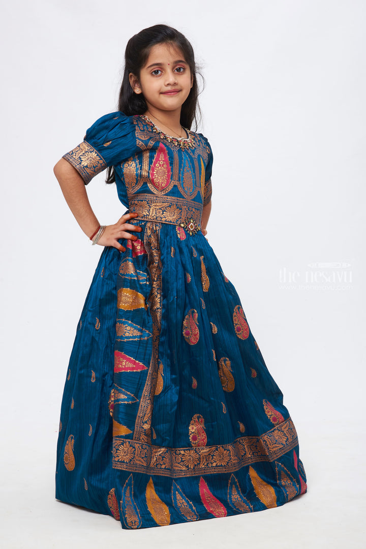 The Nesavu Girls Party Gown Emerald Elegance: Flowing Floral Printed Ethnic Anarkali Gown Nesavu Teal Floral Printed Girls' Ethnic Gown with Matching Purse | Latest Anarkali Gown designs | The Nesavu