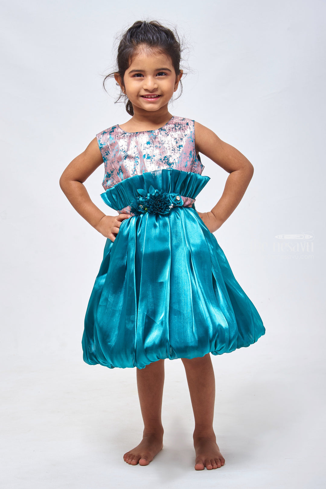 The Nesavu Girls Fancy Party Frock Emerald Elegance: Foil-Printed Pleated Organza Frock with Designer Floral Applique Nesavu 18 (2Y) / Green / Organza PF148A-18 Elegant Baby Girl Organza Dresses: Discover Beautiful Birthday Frocks | The Nesavu