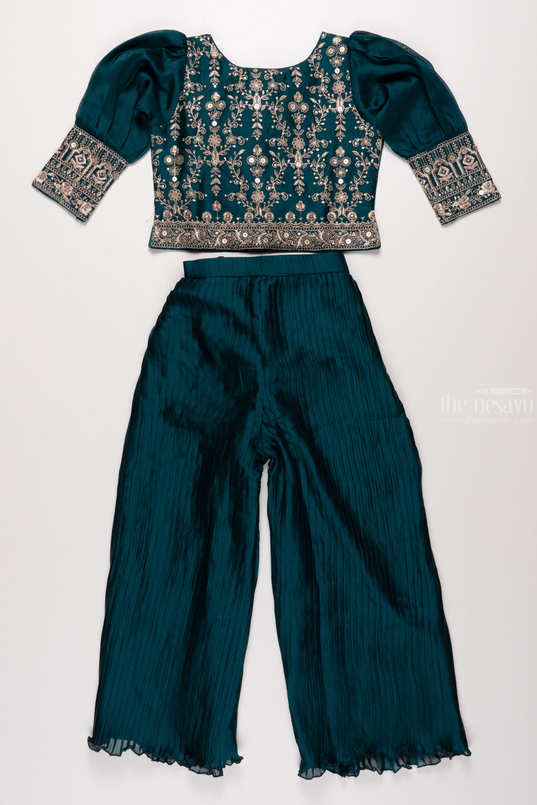 The Nesavu Girls Sharara / Plazo Set Emerald Elegance: Girls Green Crop Top with Palazzo Pant Set Nesavu 24 (5Y) / Green / Blend Silk GPS187C-24 Girls Crop Top and Palazzo Set | Embroidered Ensemble with Coordinated Bag | The Nesavu