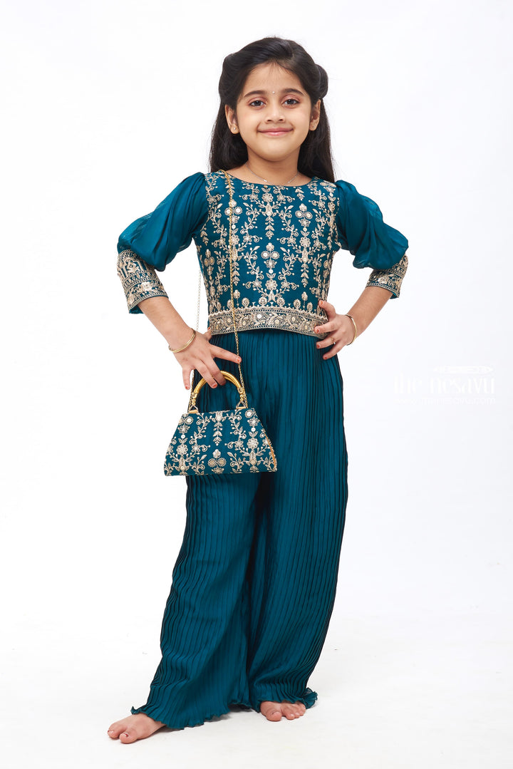 The Nesavu Girls Sharara / Plazo Set Emerald Elegance: Girls Green Crop Top with Palazzo Pant Set Nesavu 24 (5Y) / Green / Blend Silk GPS187C-24 Girls Crop Top and Palazzo Set | Embroidered Ensemble with Coordinated Bag | The Nesavu