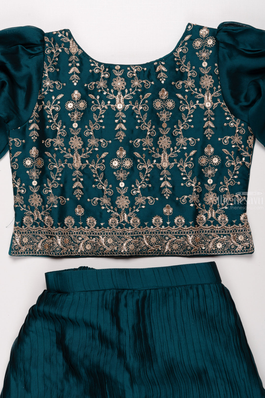 The Nesavu Girls Sharara / Plazo Set Emerald Elegance: Girls Green Crop Top with Palazzo Pant Set Nesavu Girls Crop Top and Palazzo Set | Embroidered Ensemble with Coordinated Bag | The Nesavu