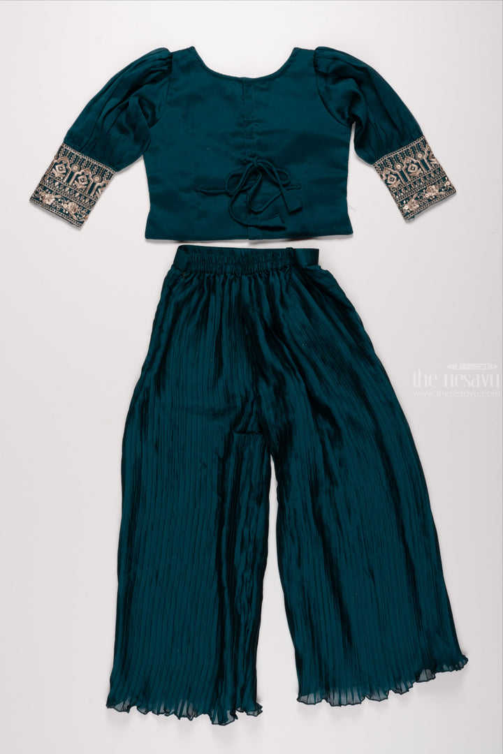 The Nesavu Girls Sharara / Plazo Set Emerald Elegance: Girls Green Crop Top with Palazzo Pant Set Nesavu Girls Crop Top and Palazzo Set | Embroidered Ensemble with Coordinated Bag | The Nesavu