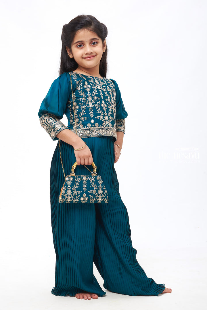 The Nesavu Girls Sharara / Plazo Set Emerald Elegance: Girls Green Crop Top with Palazzo Pant Set Nesavu Girls Crop Top and Palazzo Set | Embroidered Ensemble with Coordinated Bag | The Nesavu