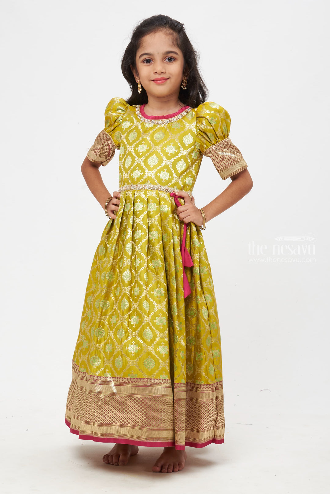 The Nesavu Silk Gown Emerald Elegance: Zari Floral & Knife Pleated Jacquard Banarasi Silk Gown for Girls Nesavu 16 (1Y) / Green / Jacquard GA155B-16 Designer Banarasi Anarkali Suits | Elegant Churidar Anarkali Online | The Nesavu